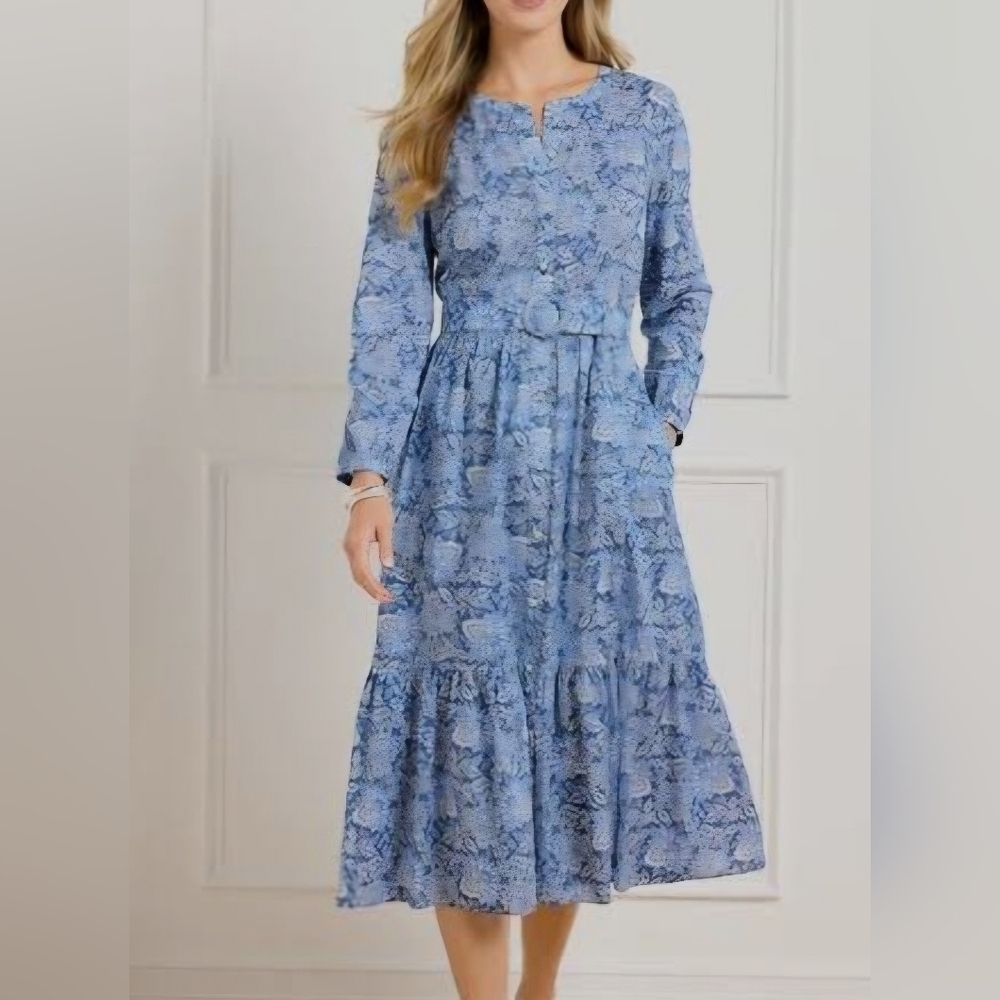 Talbots Sz 12 Cotton Voile Flowy Tiered dress Buoyant Blossoms Maxi Belt Dress